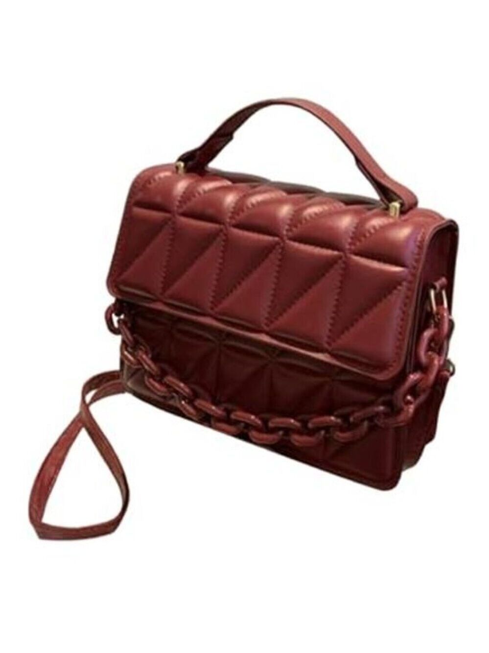 Quilted Dark Red Vegan Leather Square Crossbody Bag Mini Satchel Handbags